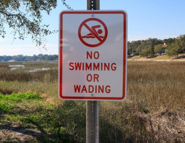 A clear warning sign indicates the restriction on swimming and wading at a picturesque lakeside location. clipart