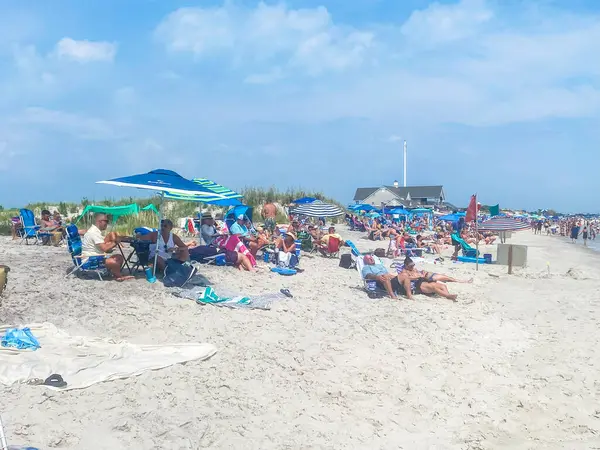 Cedar Beach, New York, ABD - 31 Ağustos 2024: Pek çok aile plajda güneşli bir günün tadını çıkarıyor, plaj havluları ve şemsiyeler altında uzanarak.