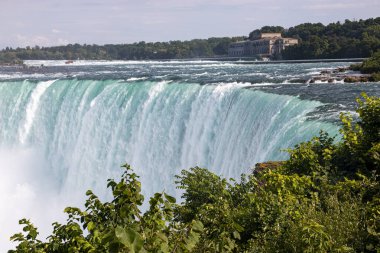 Su Niagara Şelaleleri 'nin kıyısına çarpıcı bir şekilde düşer, yemyeşil ve berrak gökyüzü ile çevrilidir..