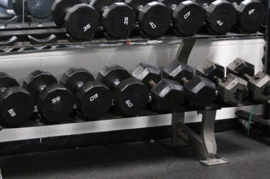 Çeşitli ağırlıklardan dambıllar bir spor salonunda düzenlenir, farklı egzersiz alışkanlıkları için bir aralık sunulur..