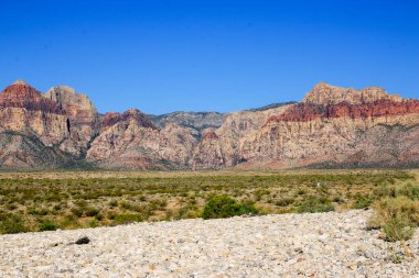 Renkli kaya oluşumları gün ışığında bulutsuz bir gökyüzüne karşı görkemli bir şekilde yükselir..