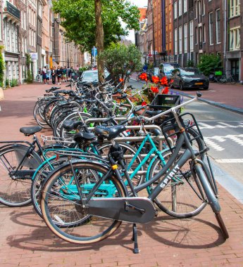 Amsterdam, Hollanda - 5 Ağustos 2025: Bisikletler çiçek ve ağaçlarla dolu canlı bir Amsterdam caddesinin kaldırımına dizildiler.
