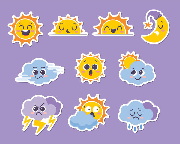 Weather forecast emoji stickers. Funny cartoon stickers of the sun, the moon and clouds with different emotions: funny, sleepy, crying, angry, surprised... Set 2 of 2. Vector illustration.
