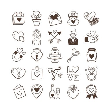 Düğün ikonu koleksiyonu. Doodle aşk sembolleri, düğün ve kutlama unsurları. Düğünler ve Sevgililer Günü etkinlikleri için mükemmel. 25 El çizilmiş tırmanış beyaz arka planda izole edildi. 2 setten 1 'i.