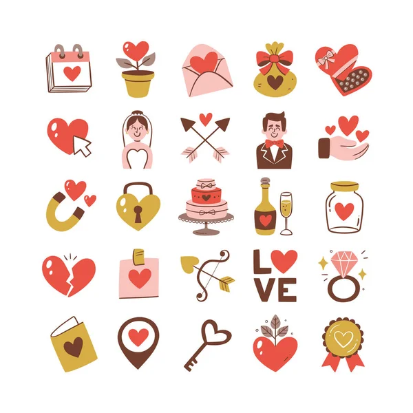 Συλλογή Εικόνων Γάμου Πολύχρωμα Σύμβολα Αγάπης Στοιχεία Γάμου Και Εορτασμού — Διανυσματικό Αρχείο
