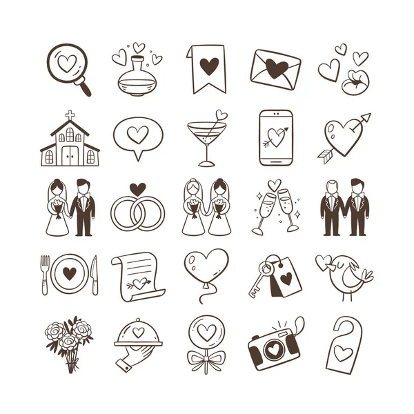 Collection Icône Mariage Doodle Aimer Les Symboles Les Éléments Mariage — Image vectorielle