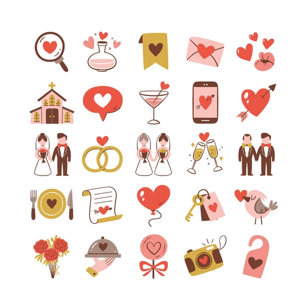 Kolekcja Ikon Ślubnych Kolorowe Symbole Miłości Elementy Wesela Uroczystości Idealny — Wektor stockowy