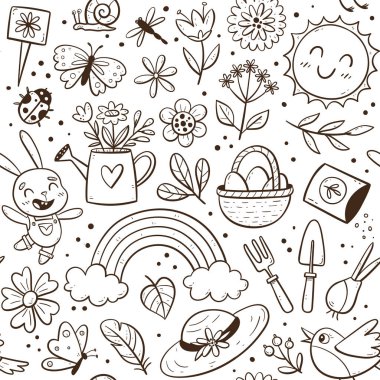 Mevsimsel elementlerle el yapımı yay pürüzsüz desen. Çiçekler, bitkiler ve bahçe aletleri. İzole edilmiş elementlerle karalama vektörü çizimi.