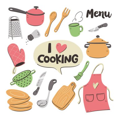 Kitchen tools and appliances. Cute illustration with isolated cooking objects in vector format. Kitchen utensils collection. Illustration 2 of 2.