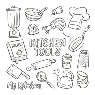 Doodle kitchen tools and appliances. Cute illustration with isolated cooking objects in vector format. Kitchen utensils collection. Illustration 1 of 2.