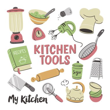 Kitchen tools and appliances. Cute illustration with isolated cooking objects in vector format. Kitchen utensils collection. Illustration 1 of 2.