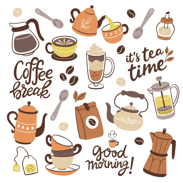 Collection Coffee Tea Products Colorful Cliparts Teapots Cups Coffee Herbal — Stock vektor