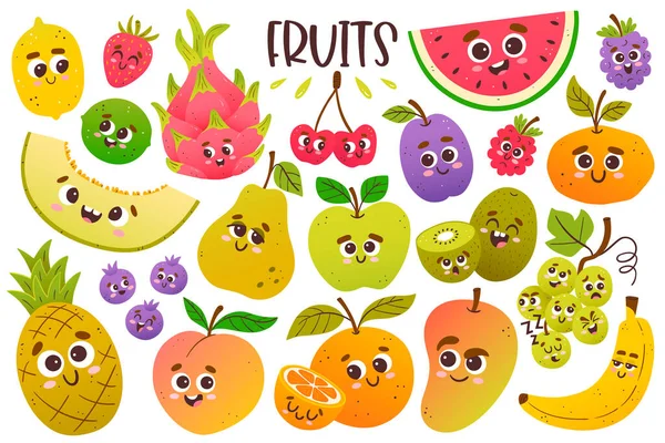 Linda Colección Frutas Con Caras Dibujos Animados Cliparts Coloridos Aislados — Archivo Imágenes Vectoriales