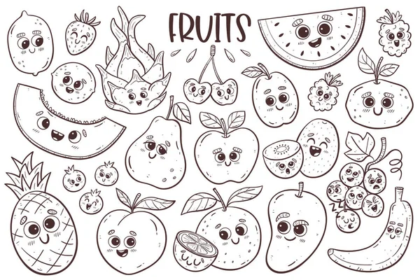 Cute Fruit Collection Cartoon Faces Isolated Doodle Cliparts Vector Illustration — Vetor de Stock