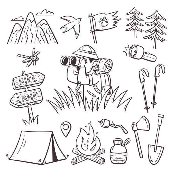 キャンプ ハイキング 屋外活動ドアコレクション 草の後ろに双眼鏡で探検します かわいい孤立した手描きの要素 — ストックベクタ