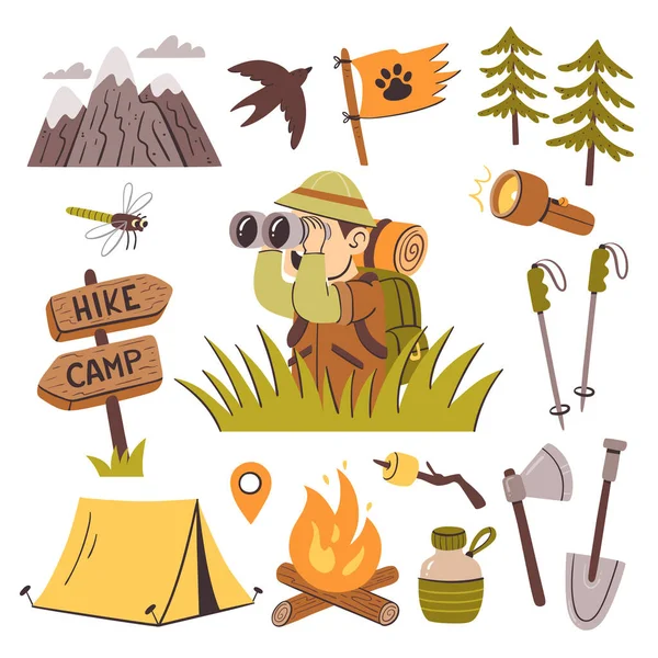 Camping Senderismo Actividades Aire Libre Colección Clip Art Explorador Con — Vector de stock