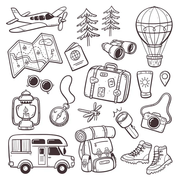 Explore Travel Doodle Collection Wanderlust Outdoor Activities Concept Cute Collection — Stock Vector
