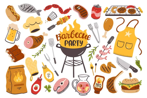 Barbecue Sfondo Festa Con Carne Hamburger Salsicce Utensili Barbecue Collezione — Vettoriale Stock
