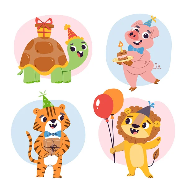 Σετ Ζώα Γενεθλίων Κινούμενα Σχέδια Χαριτωμένα Ζώα Δώρα Μπαλόνια Και — Διανυσματικό Αρχείο