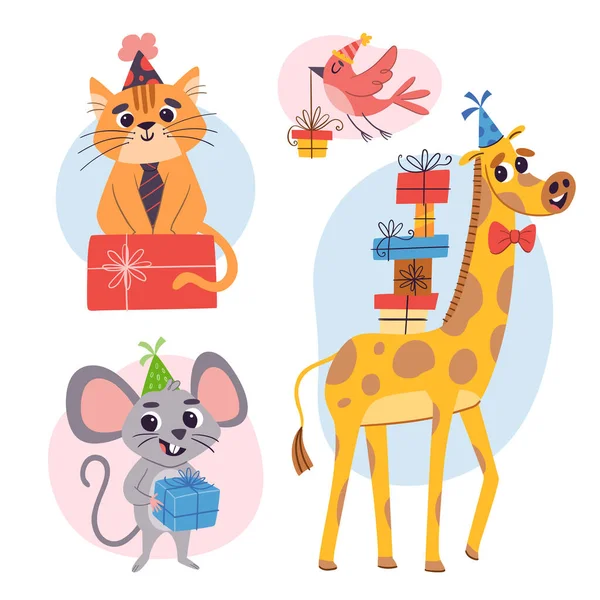 Juego Animales Cumpleaños Dibujos Animados Animales Lindos Con Regalos Sombreros — Vector de stock