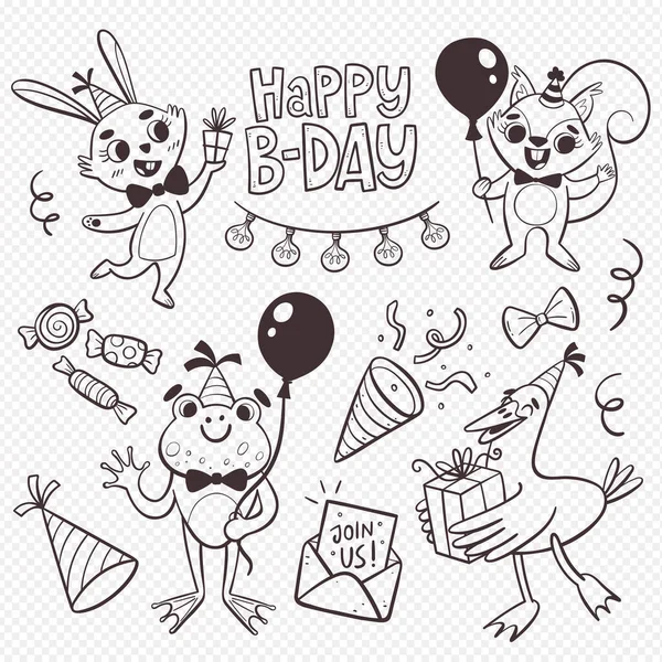 Aniversário Animais Elementos Celebração Quatro Animais Bonitos Com Presentes Balões — Vetor de Stock