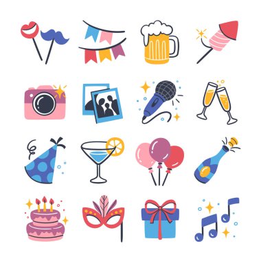 Parti ikonu hazır. Beyaz arka planda izole edilmiş renkli zirveler. Güzel el çizimi vektör simgeleri. Doğum günü, partiler ve kutlama etkinlikleri. 2 setten 1 'i.