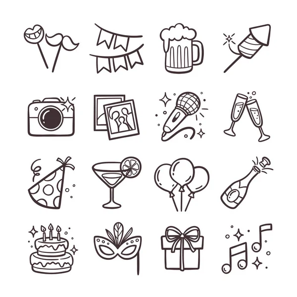 パーティーのアイコンセット 白い背景に隔離された落書きの部品 かわいい手描きのベクトルアイコン 誕生日 パーティー お祝いイベント 第二号 — ストックベクタ