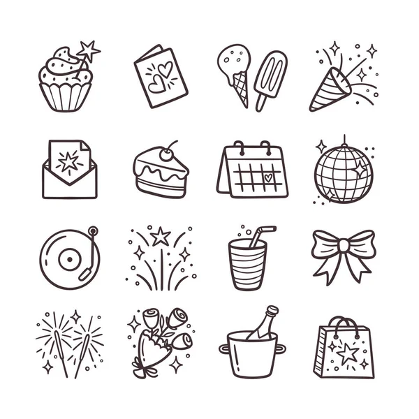 Party Icon Set Doodle Cliparts Isolated White Background Cute Hand — Stock Vector