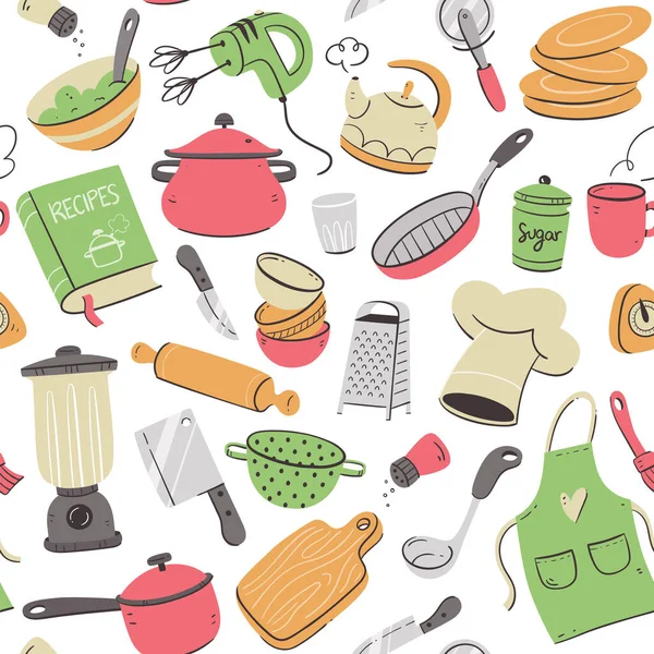 Kuchyňské Nářadí Spotřebiče Bezešvé Vzor Roztomilá Ilustrace Izolovanými Objekty Vaření — Stockový vektor