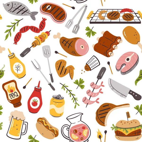 ハンバーガー ソーセージ バーベキュー器具でバーベキューパーティーシームレスパターン 白い背景に孤立した要素 手描きベクトルイラスト — ストックベクタ