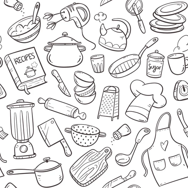 Keukengereedschap Keukenapparatuur Doodle Naadloos Patroon Leuke Illustratie Met Geïsoleerde Kookobjecten — Stockvector