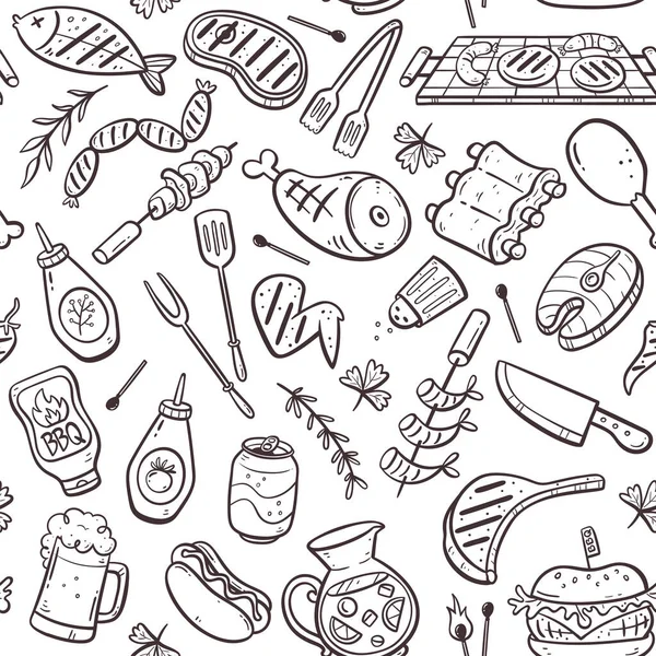 ハンバーガー ソーセージ バーベキュー器具でバーベキューパーティーシームレスパターン 白い背景に隔離されたドアの要素 手描きベクトルイラスト — ストックベクタ