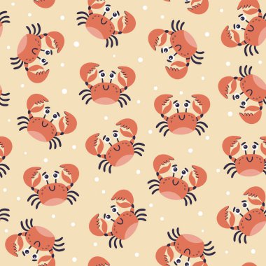 Kasık biti geçmişi. Tatlı deniz canlıları kusursuz desen. Çizgi film yengeçleri ve açık sarı arka planda izole edilmiş dekoratif noktalar. Kare biçiminde. El çizimi vektör illüstrasyonu.