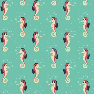 Dekoratif baloncukları olan, turkuaz arka planda izole şirin denizatı deseni. El çizimi vektör illüstrasyonu.