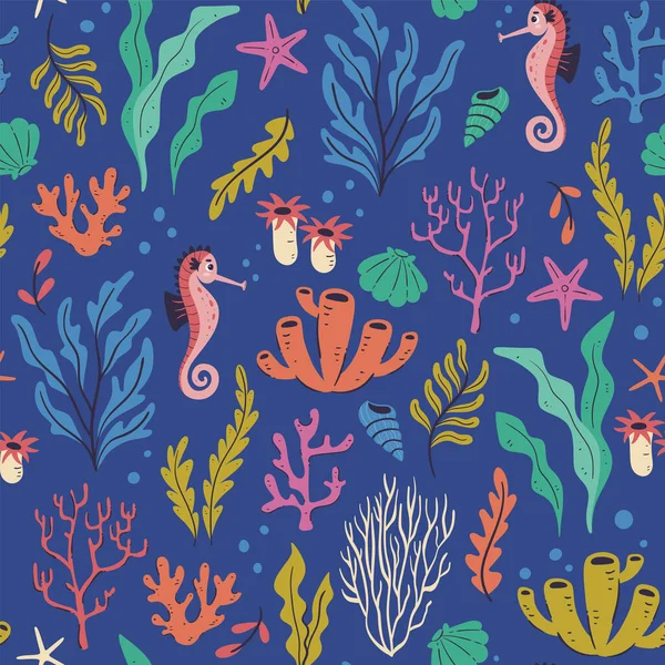 Marine Life Pattern Cute Sealife Seamless Pattern Full Coral Seaweed — Stock Vector