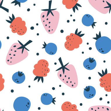 Meyvelerin dikişsiz deseni. Çilek, ahududu ve yaban mersinli kare desen. Soyut renkli kompozisyon. Düz vektör dizaynı.
