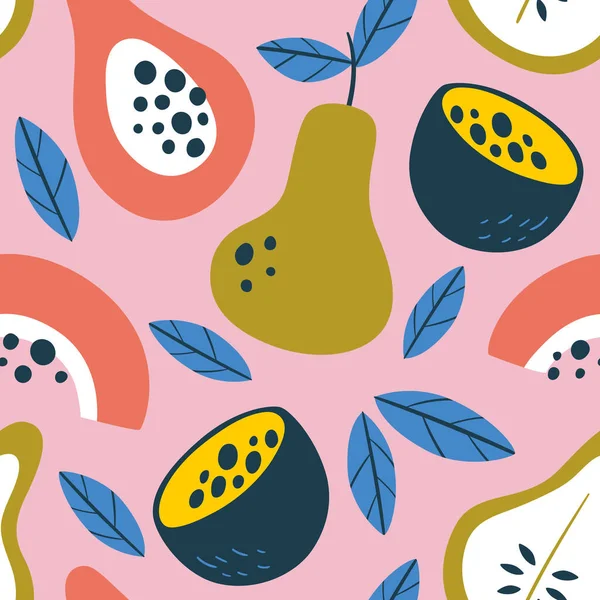 パッションフルーツのシームレスなパターン 正方形の繰り返しパターンは 情熱の果物 パパイヤ 梨と果物のスライスと 要約カラフルな組成 平面ベクトル設計パターン — ストックベクタ
