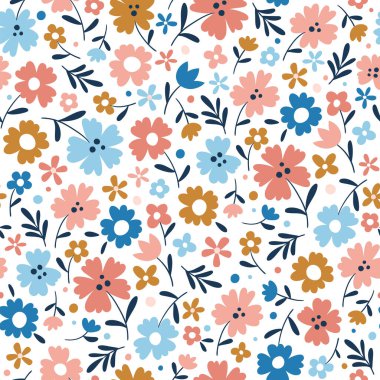 Mevsimlik çiçekler pürüzsüz desen. Beyaz arka planda sevimli çiçeklerle tekrarlanan desen. Kare tasarım Vektör illüstrasyonu.