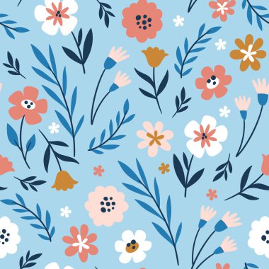 Çiçeksiz desenli, soyut çiçekler ve dallarla sevimli bir desen. Açık mavi arkaplanda çiçek desenini tekrarla. Kare tasarım Vektör illüstrasyonu.