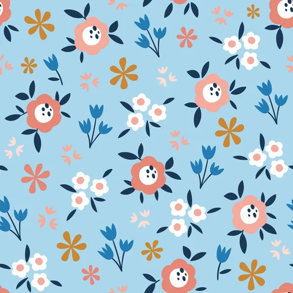 stock vector Floral seamless pattern with small abstract flowers. Cute repeat pattern on square light blue background. Vector illustration.