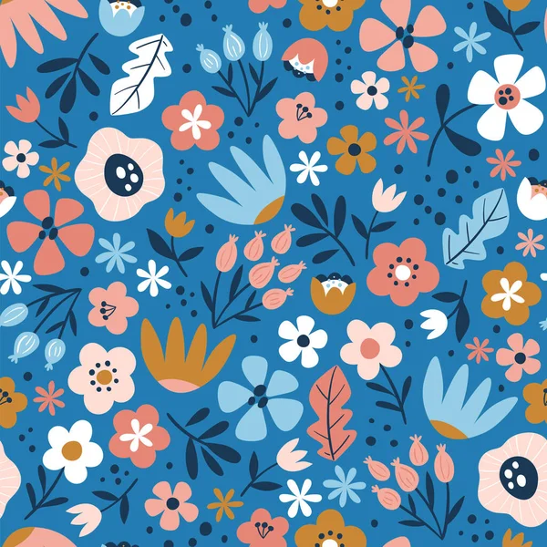 青い背景の花のシームレスなパターン カラフルな孤立した花とかわいい繰り返しパターン 正方形のデザイン ベクターイラスト ベクターグラフィックス