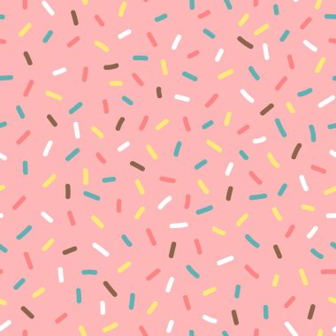 Pembe arka planda mükemmel serpiştirilmiş. Tatlı vektör çizimi, parti dekorasyonu ve şekerci dükkanı için mükemmel. Kare tekrar desen tasarımı. Vektör illüstrasyonu.