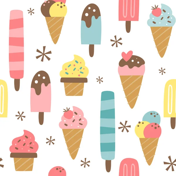 冰淇淋 圆锥和冰棒无缝图案 在白色背景上孤立的糖蜜冰淇淋图案 正方形重复图案设计 矢量说明 — 图库矢量图片