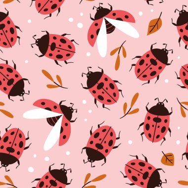 Uğurböceği deseni. Şirin uğur böcekleri pembe arka planda izole edilmiş kalıpları tekrarlarlar. Kare tasarım Vektör illüstrasyonu.