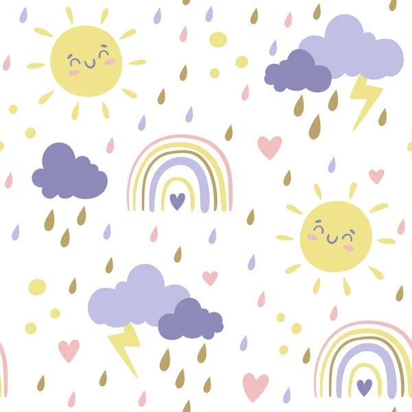 かわいいスカイブーホーシームレスなパターン 嵐の雲 雨や虹と広場繰り返しパターン 白地だ ベクターイラスト — ストックベクタ