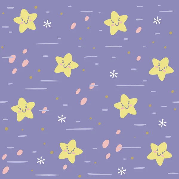 ハッピースターシームレスパターン 可愛い星の紫の正方形の背景 保育園の装飾 ベクトル繰り返しパターン — ストックベクタ