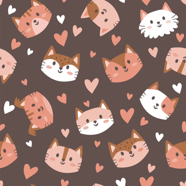 Lovely Cat Faces Seamless Pattern Cartoon Kitties Hearts Brown Background — Stock Vector