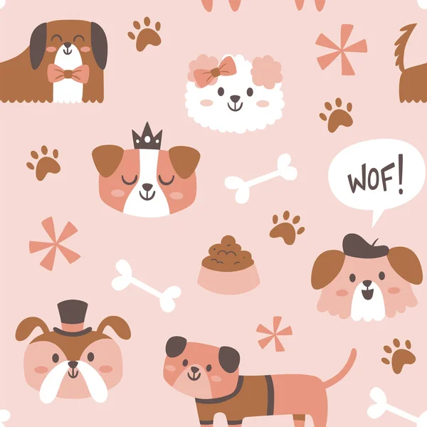 かわいい犬のシームレスなパターン 明るいピンクの背景に隔離されたペットオブジェクトと犬 保育園の装飾 正方形の繰り返しパターンデザイン ベクターイラスト — ストックベクタ