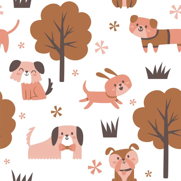 かわいい犬や木のシームレスなパターン ペットは公園で楽しんでいます 保育園の装飾 正方形の繰り返しパターンデザイン ベクターイラスト — ストックベクタ