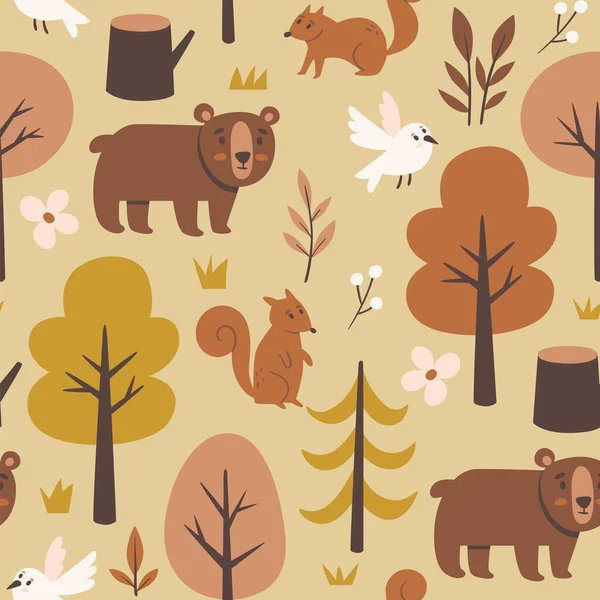 Leśny Wzór Niedźwiedziami Ptakami Wiewiórkami Kwadratowy Wzór Powtarzania Ilustracja Wektora — Wektor stockowy